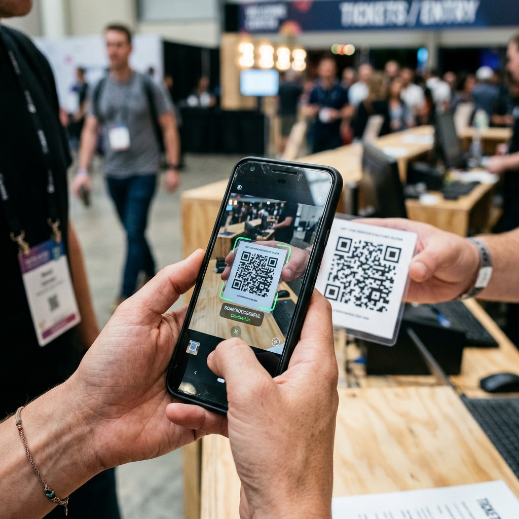 Staff member scanning a QR pass on their phone at a venue counter